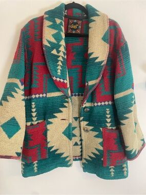 Circle T Teal, Red & Cream Aztec Shawl Collar Jacket